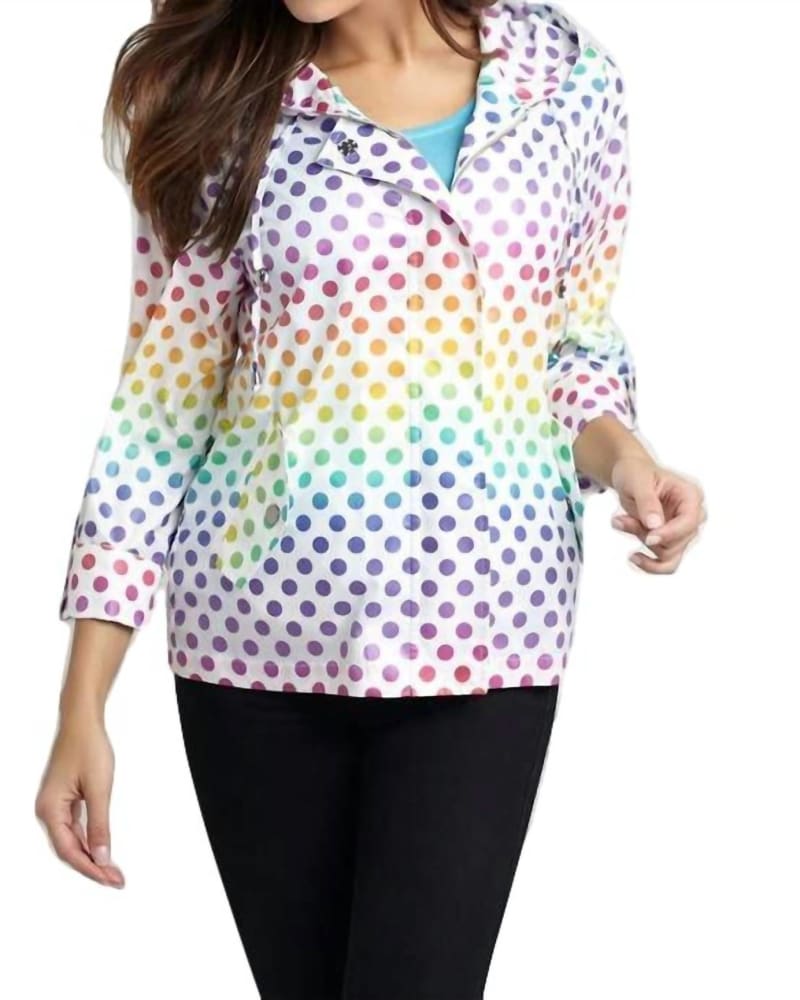 Front of a model wearing a size XL Get Spotted Rain Jacket in White Multi in White Multi by ANGEL. | dia_product_style_image_id:326136